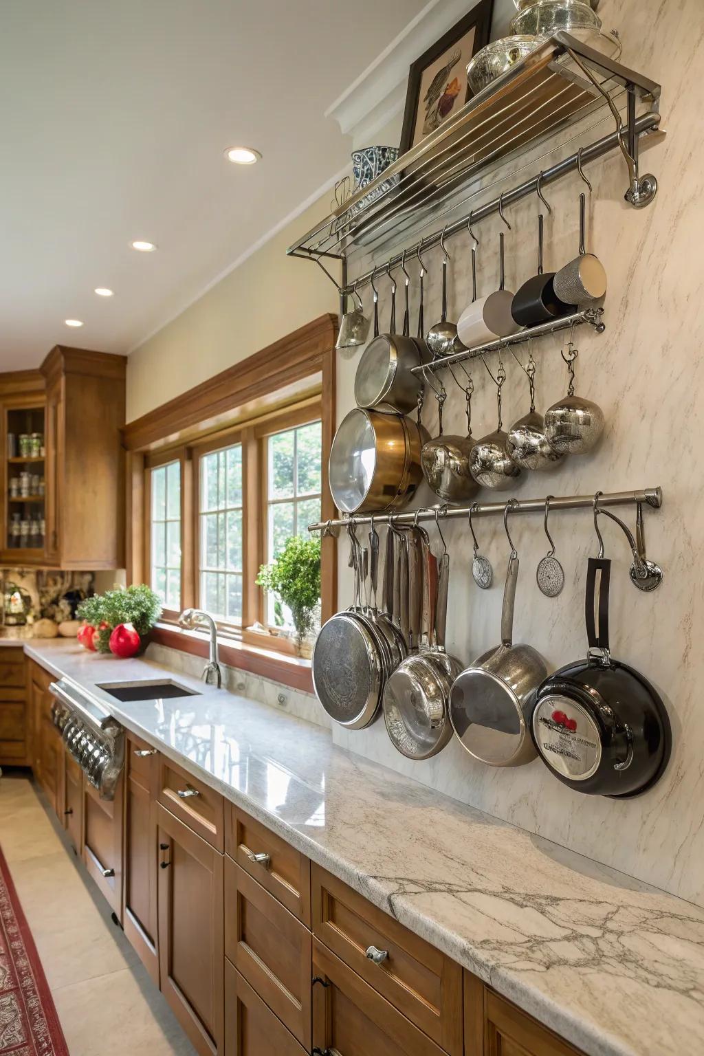 Wall-mounted racks showcase pots and pans while optimizing cabinet space.