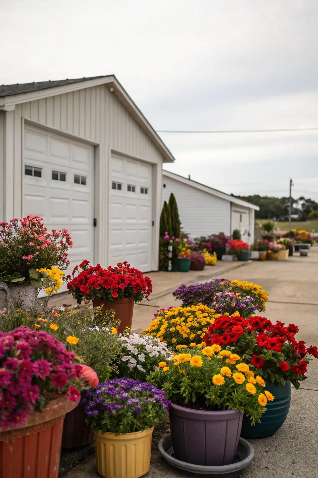 Garage front enlivened by a burst of colorful flower displays.