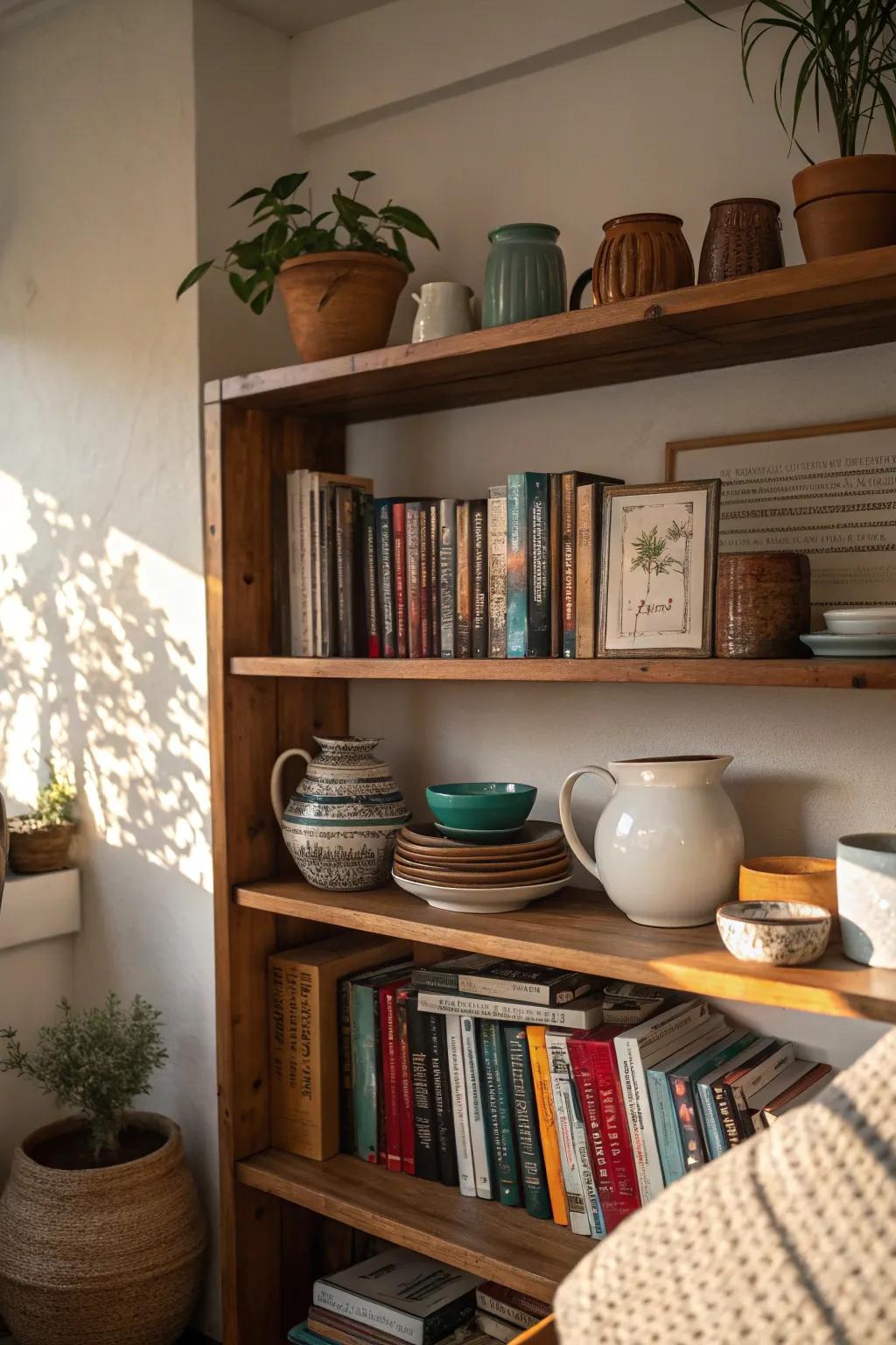 A welcoming reading corner featuring pottery and books arranged harmoniously.