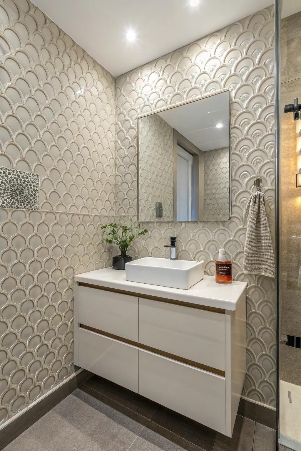 Textured tiles add depth and dimension to powder room walls.