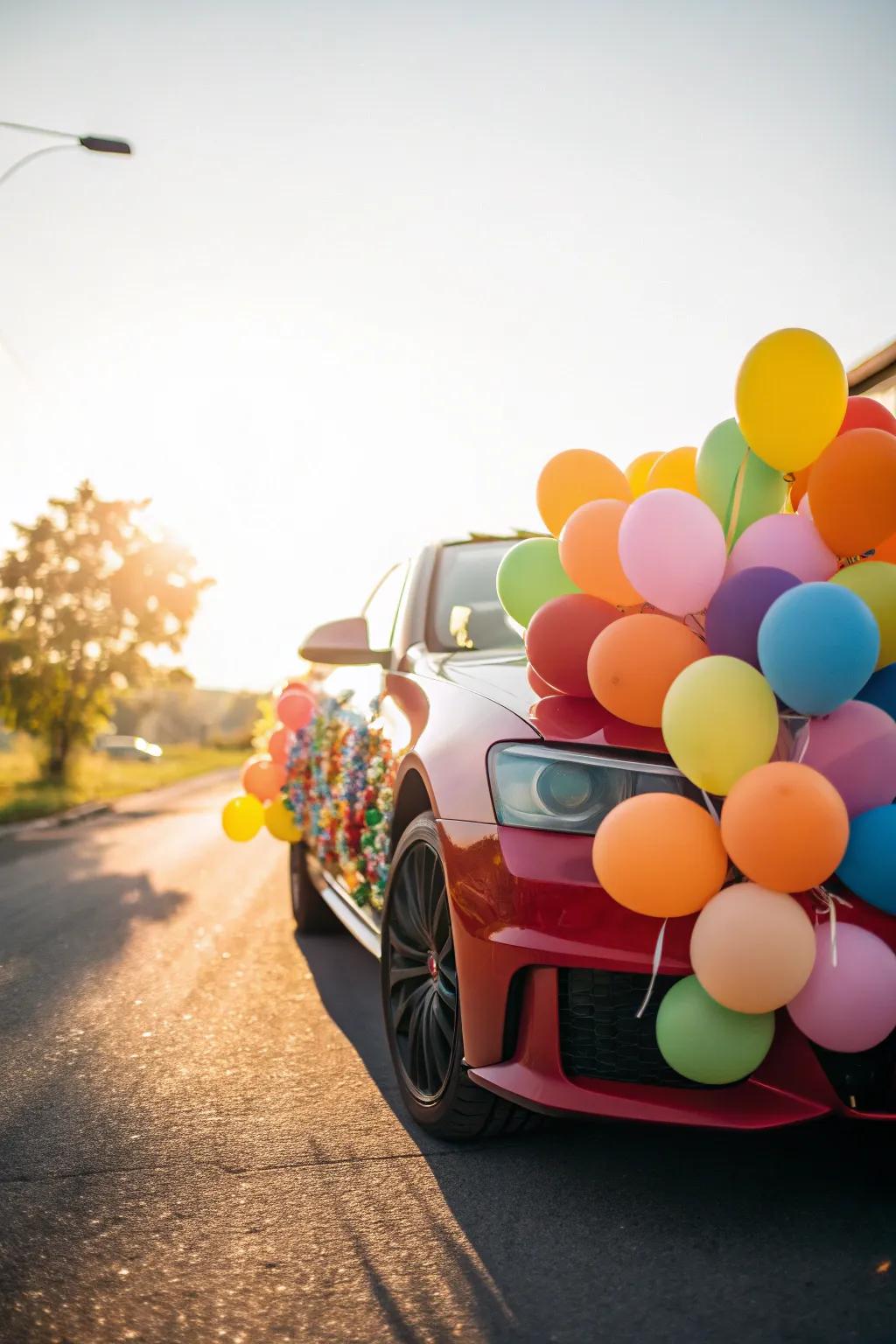 A flood of balloons offers a joyous sensation to the newlyweds' journey.