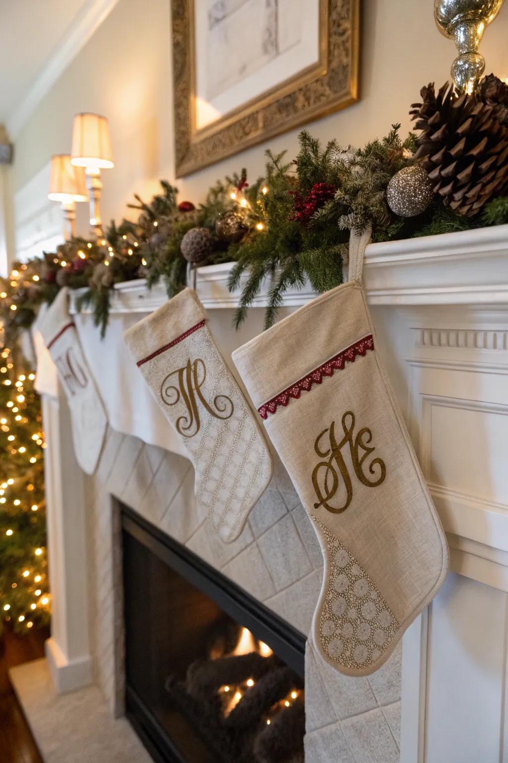 Personalized hosiery adds a special touch to the holiday fireplace.