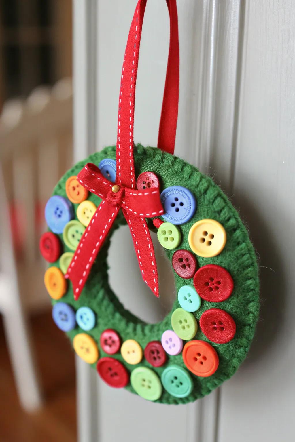 A lively button ring ornament, ideal for infusing vibrancy into any Christmas tree.