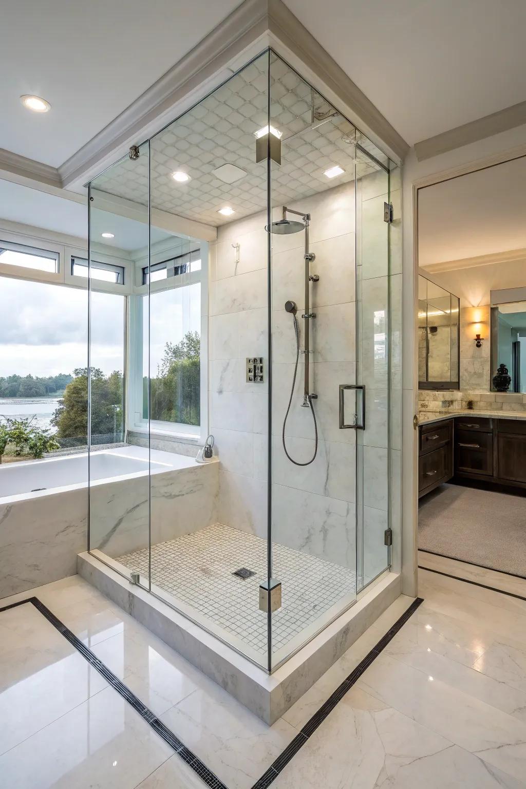 A glass-enclosed shower will make your bathroom feel more open and modern.