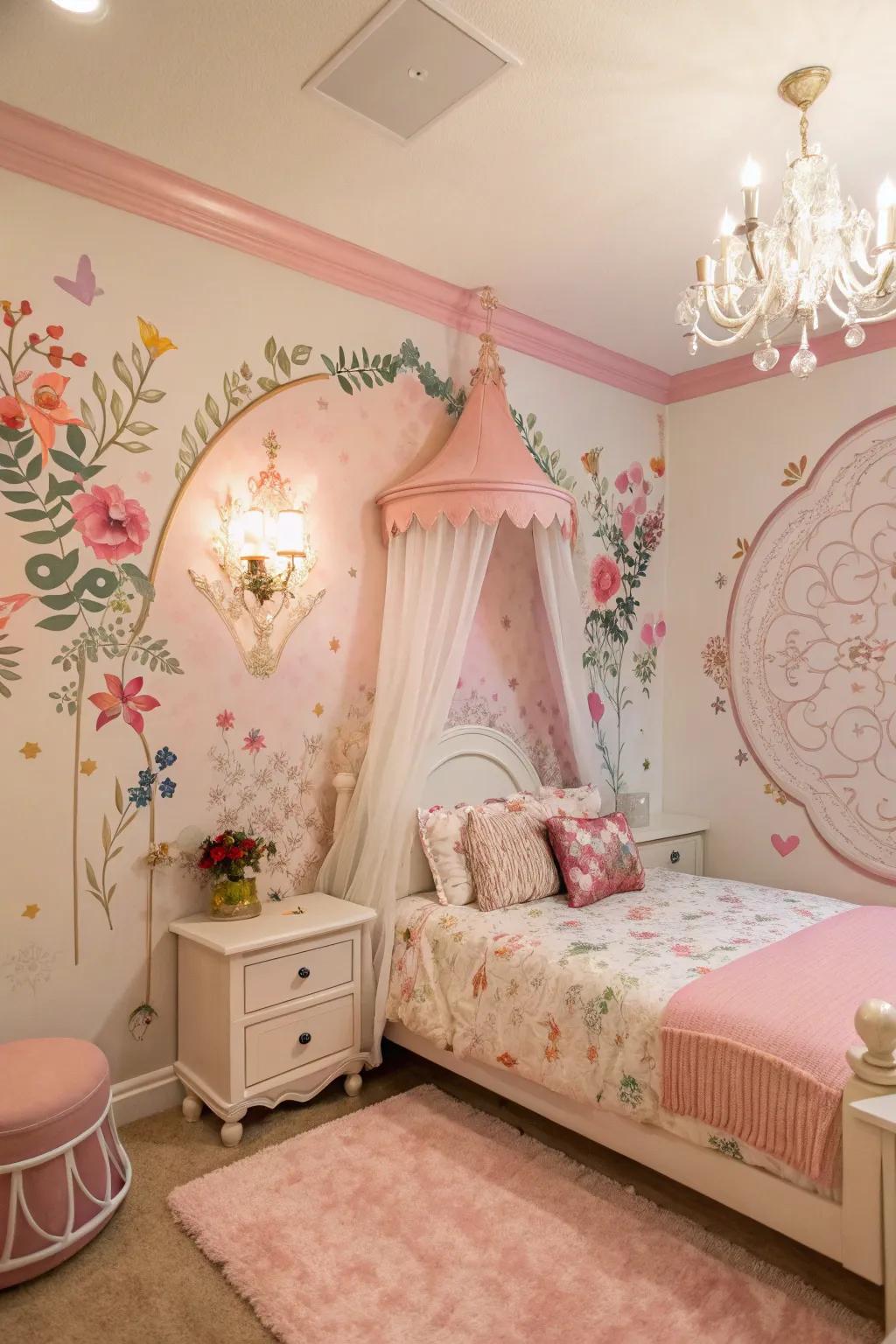 A floral accent wall enhances the room's fairytale charm.