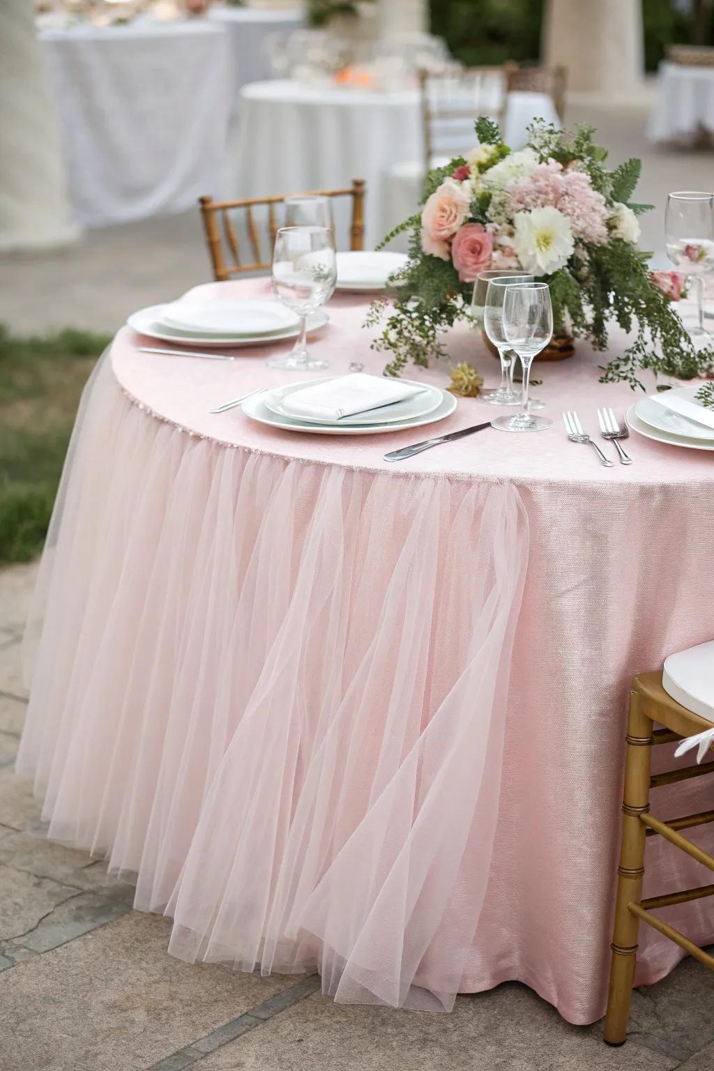 A princess-worthy table setup with soft pink tulle.