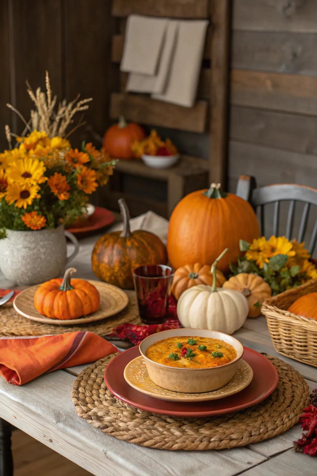 A warm dining area showcasing autumnal dishes and ornaments, featuring pumpkins and seasonal squashes.