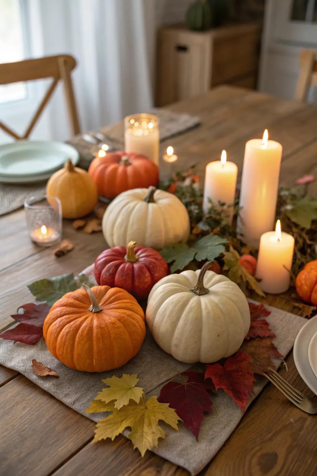 Small pumpkins grouped for a sweet display.
