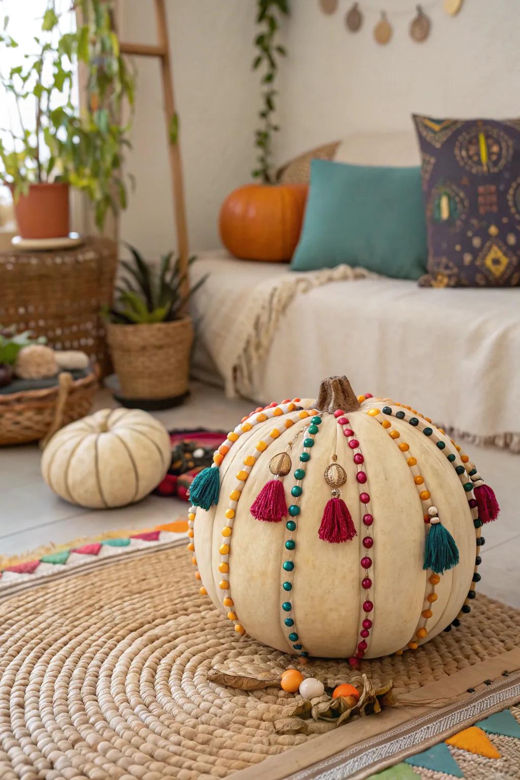Boho beaded pumpkins evoke a playful sense of wonder.