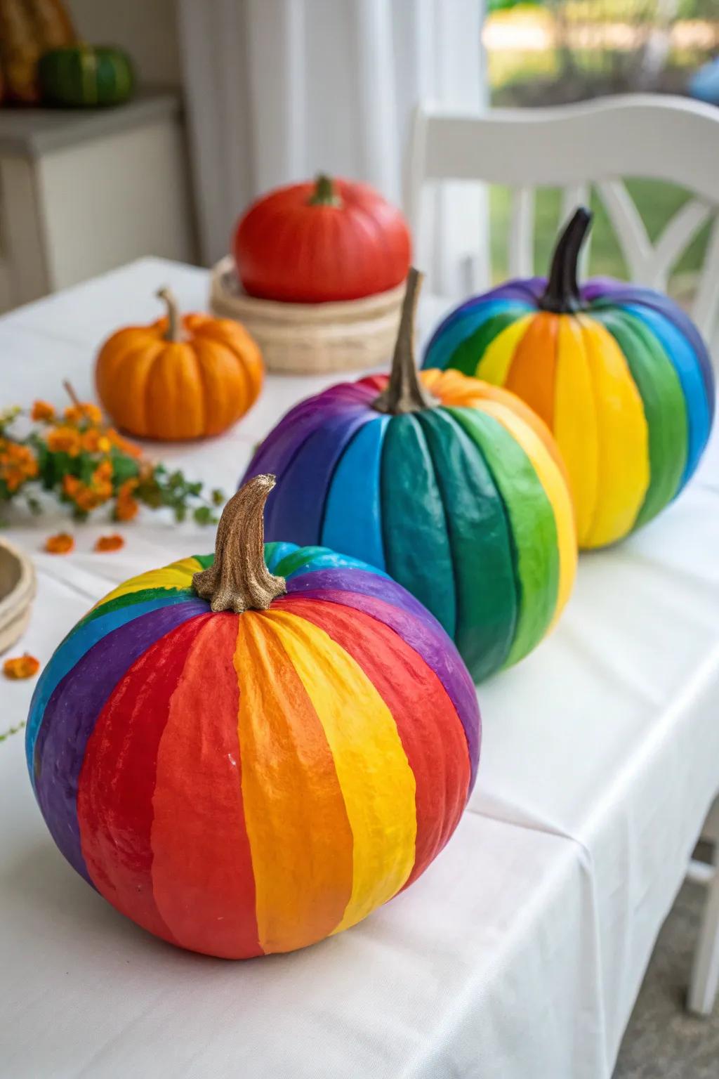 Pumpkins splashed with vibrant paints, adding a burst of color.