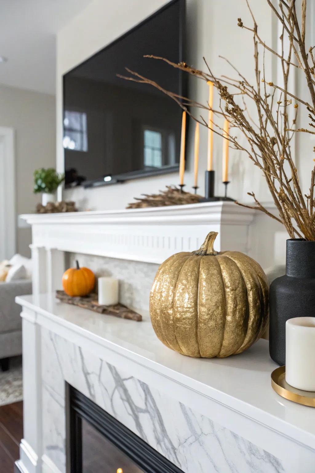 Metallic accents bring a touch of opulence to pumpkin art.