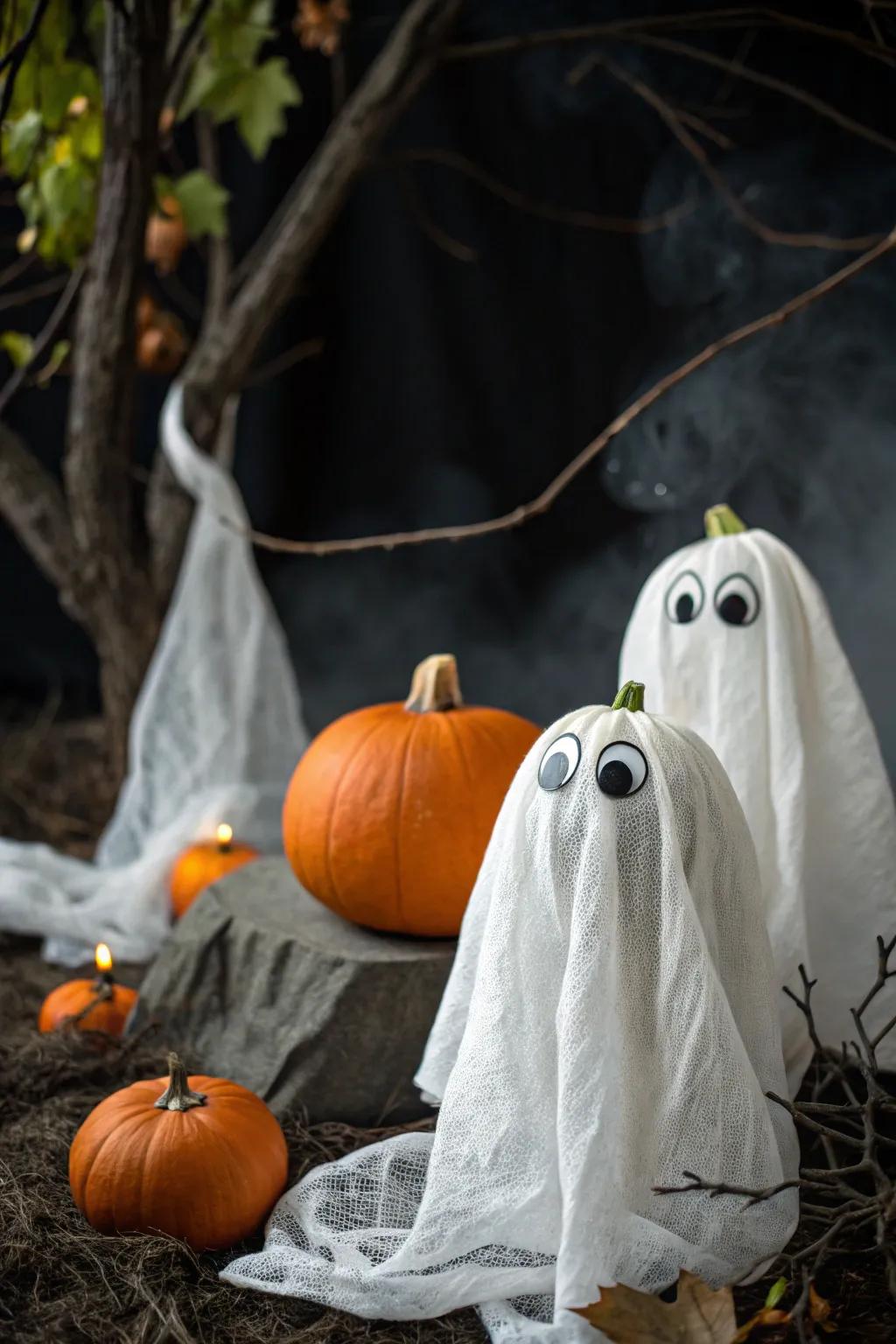 Set a spooky mood with mummy-themed pumpkins.