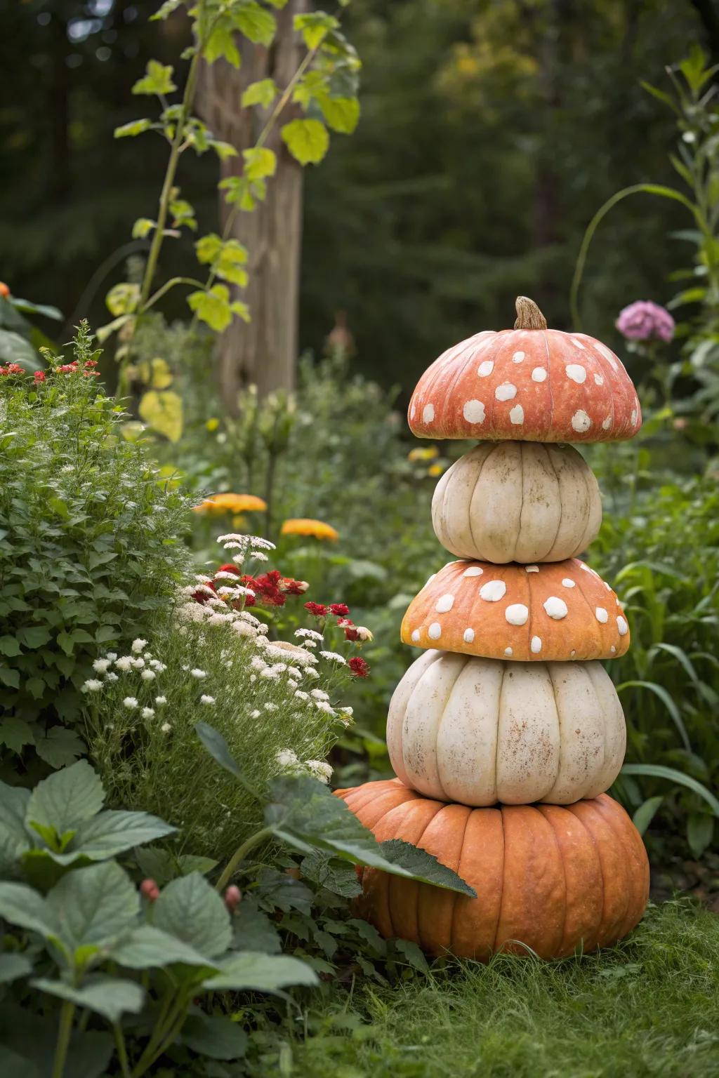 Whimsical mushroom pumpkins adding a touch of magic to the garden.