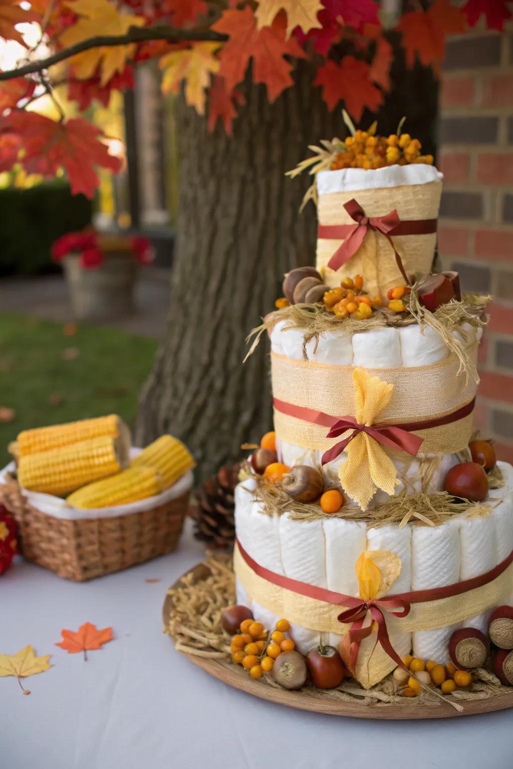 An autumnal gathering diaper creation infuses warmth and celebration into your occasion.
