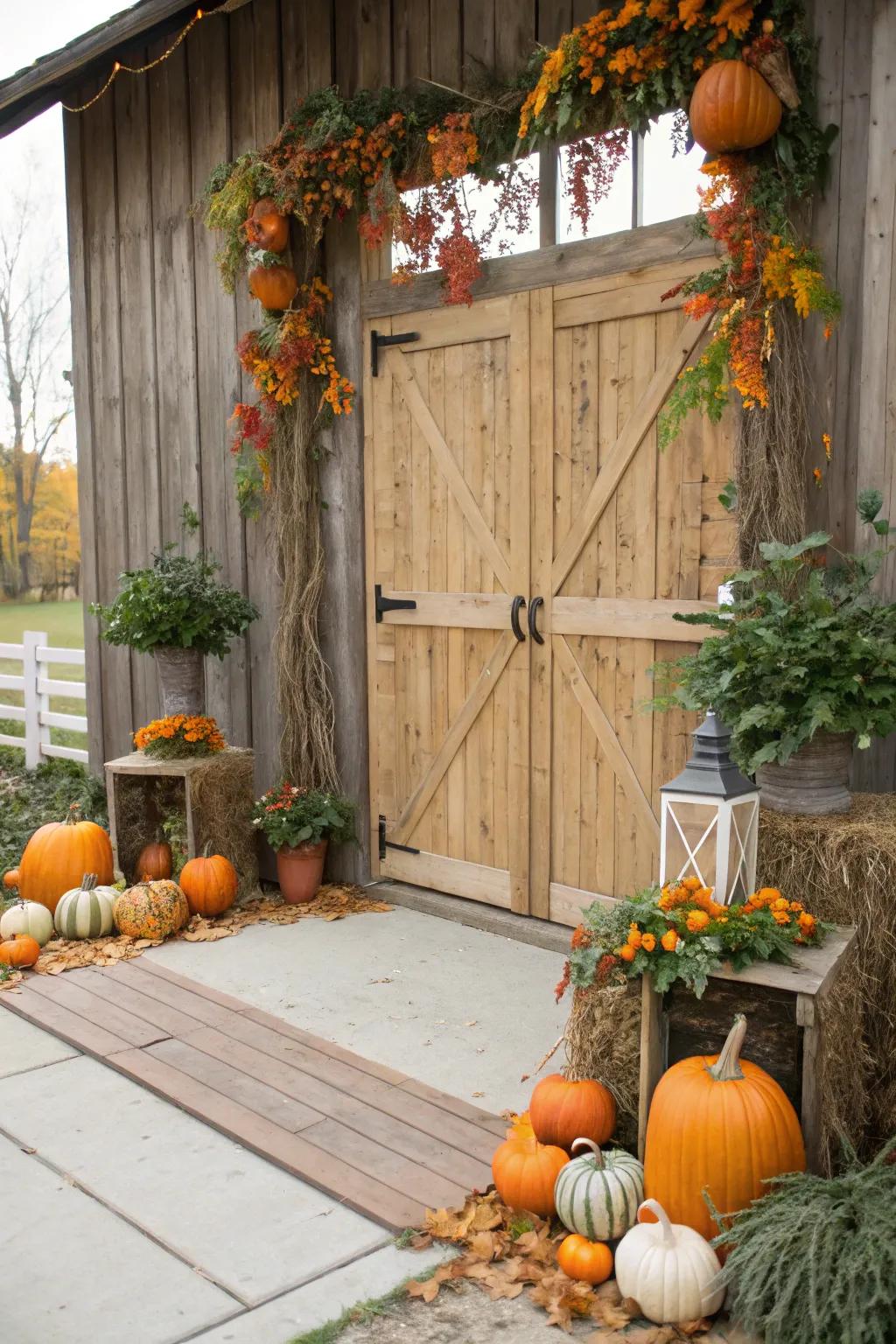 A countryside barn backdrop enhanced with gourds and foliage.
