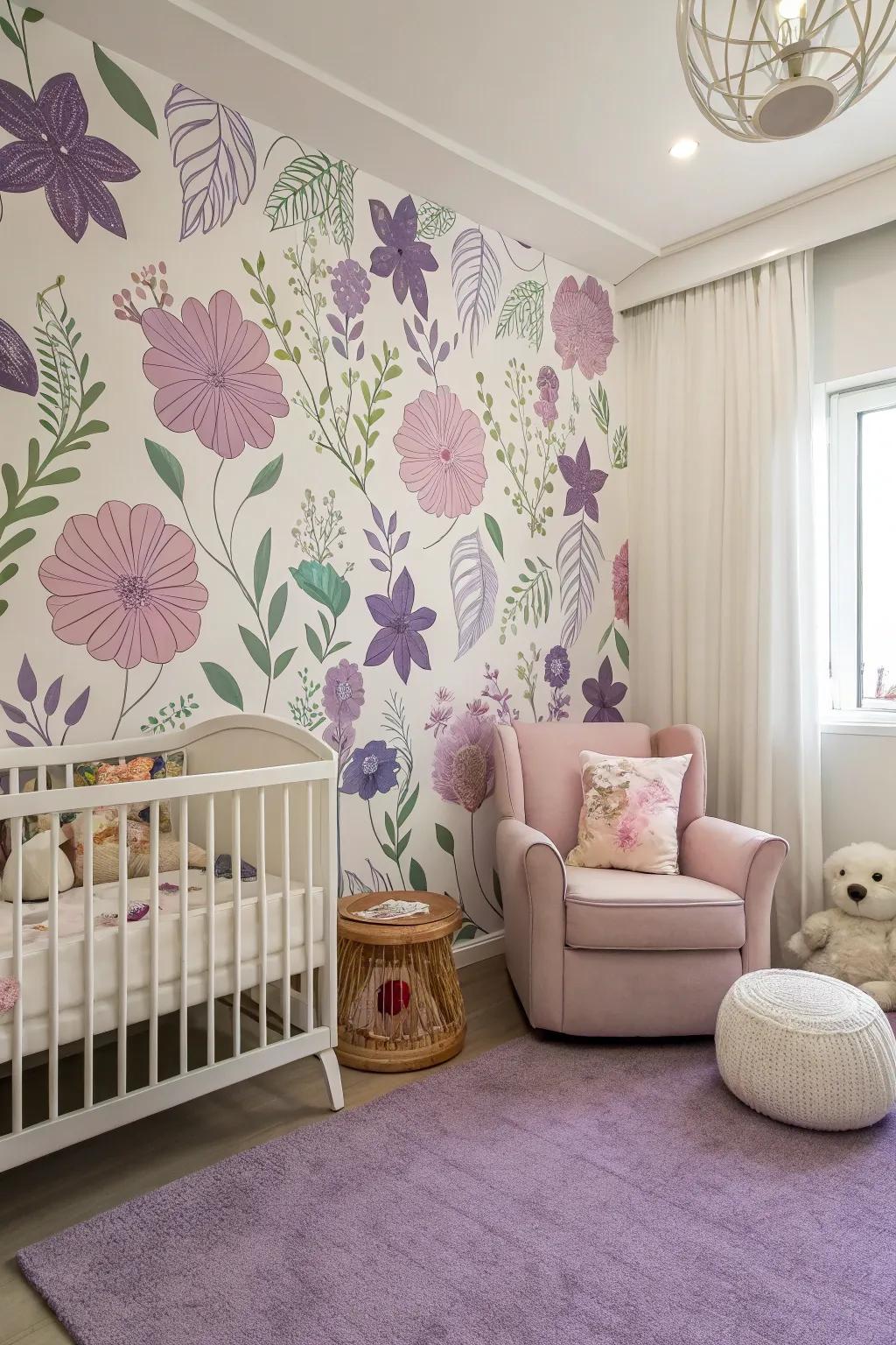 Floral murals in purple bring a touch of whimsy to the nursery.