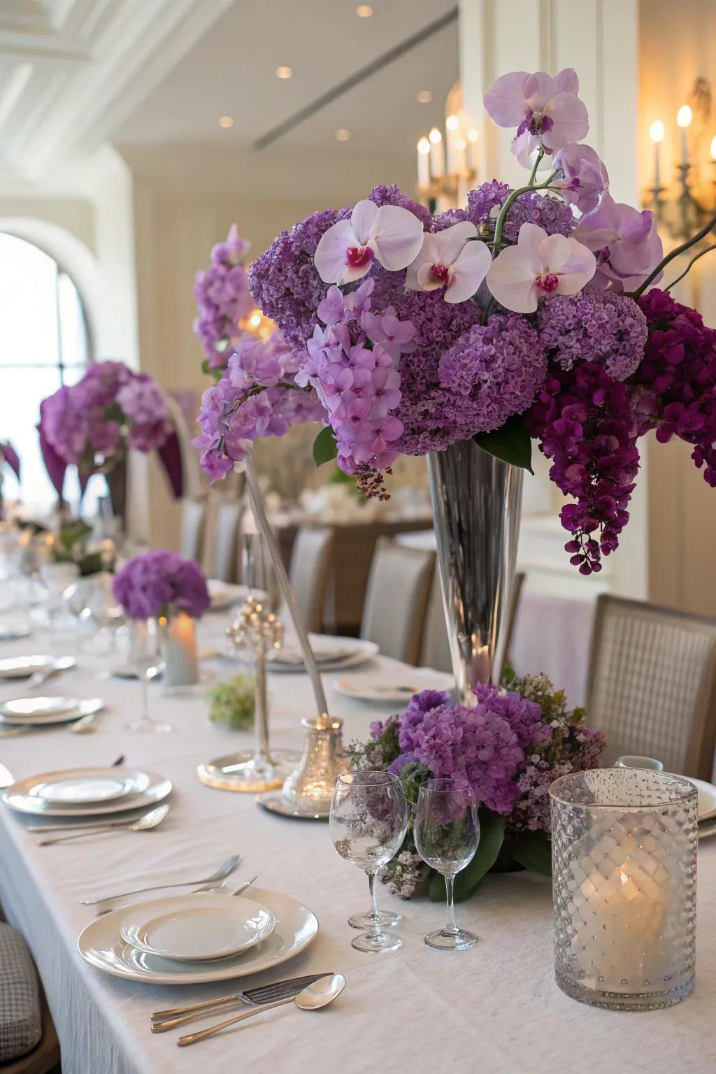 Extravagant violet floral decorations cultivate a memorable atmosphere.