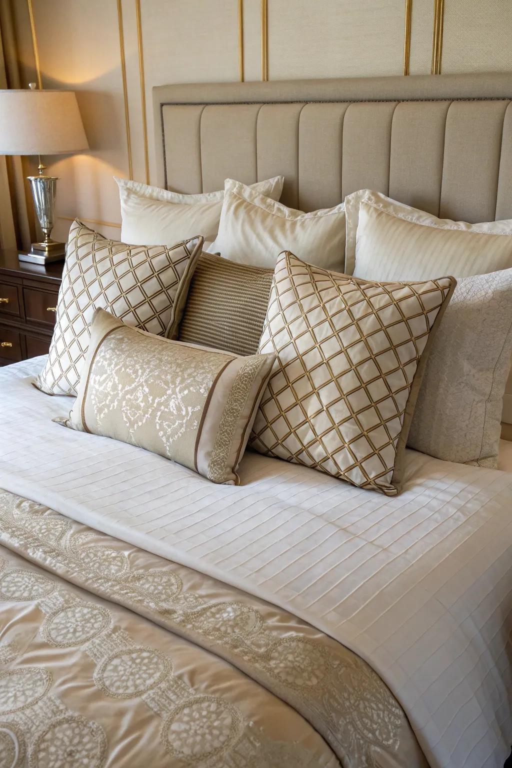 Layered pillows add depth and elegance to a queen bed.