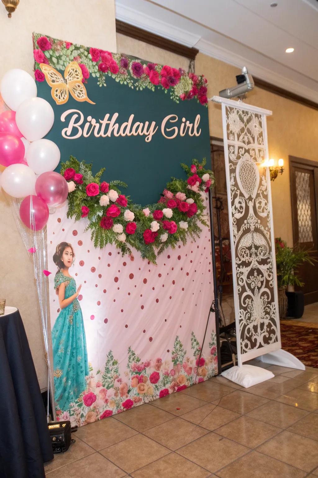 Personalized signs add a unique touch to your quinceañera backdrop.