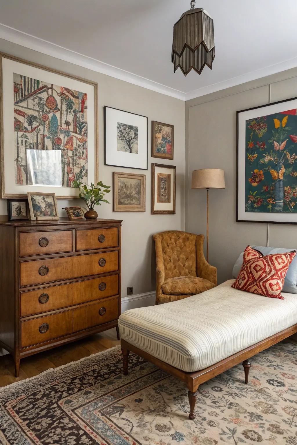A diverse bedroom intermixing vintage charm with contemporary elegance.