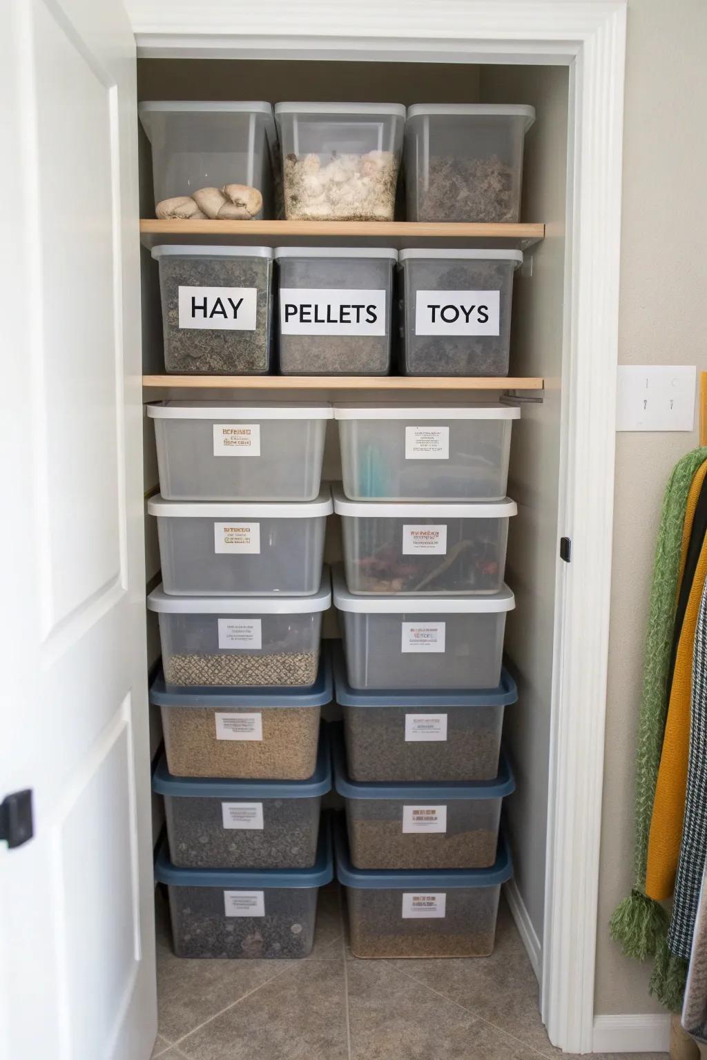Piled storage boxes, each marked, ensure a streamlined organization of your bunny&rsquo;s items.