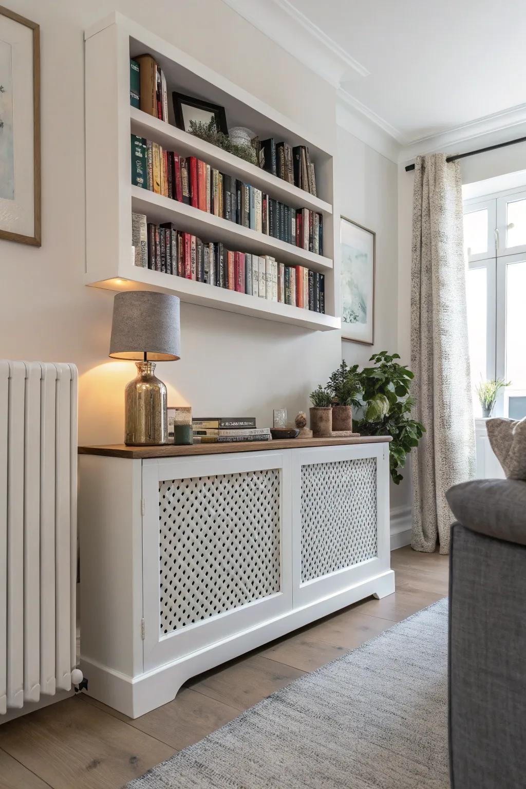 A radiator enclosure featuring a shelf offers additional space for books and decor.
