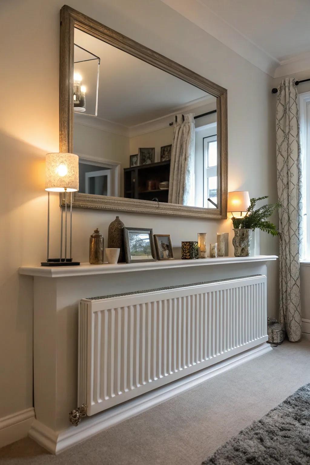 A mirror poised over a radiator shelf can dramatically enhance brightness and spatial depth.