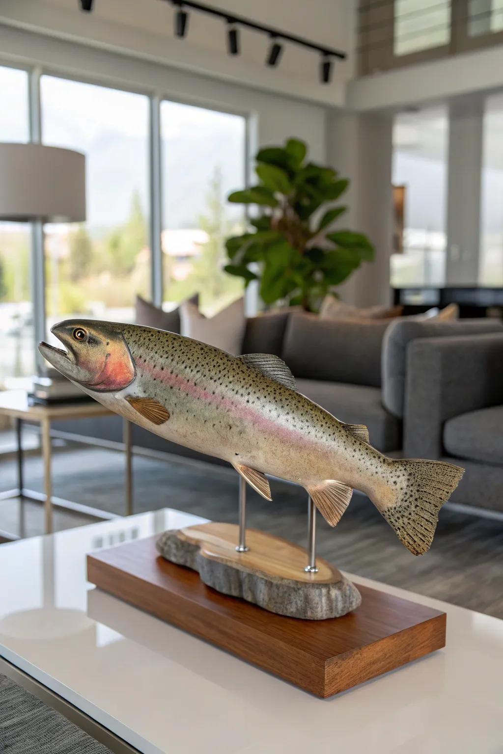 A refined wood platform elevates the presentation of a rainbow trout display.