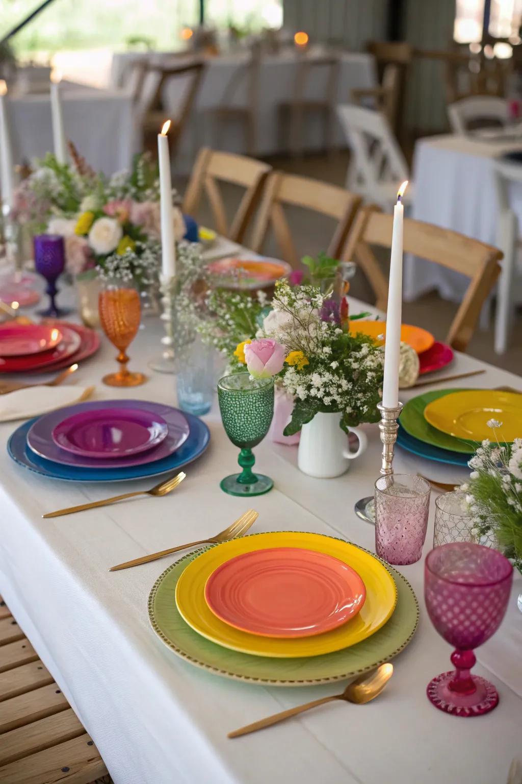 A festive table comes alive with rainbow-themed decorations, perfectly set for a wedding feast.