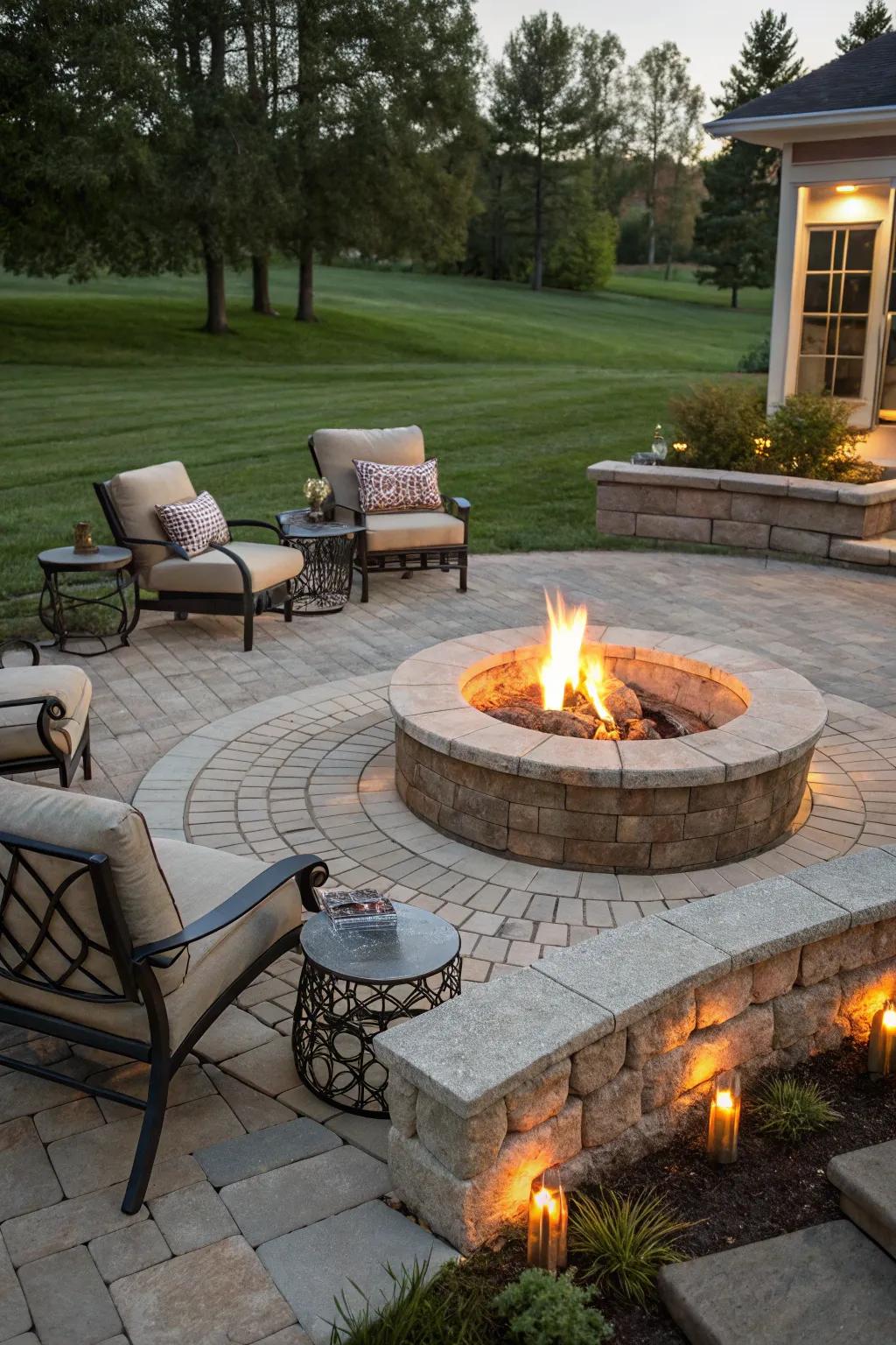 A snug fire pit turns the patio into a year-round sanctuary.