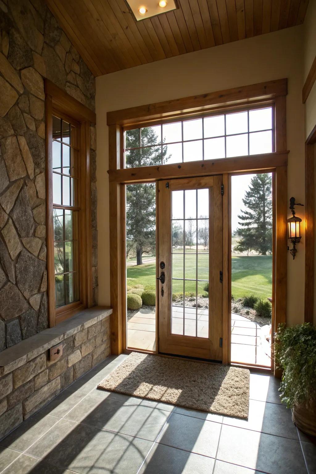 A stylish door with glass panels makes the entrance area feel classy and bright.