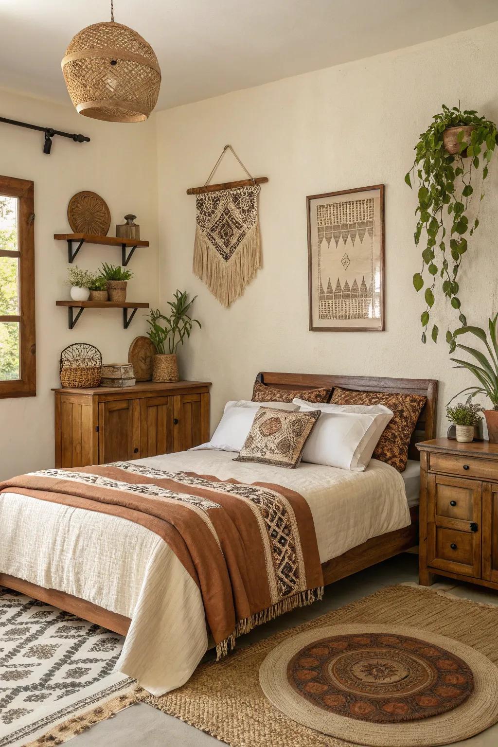 A bedroom adorned with down-to-earth shades of browns and creams, resulting in a cozy ambiance.