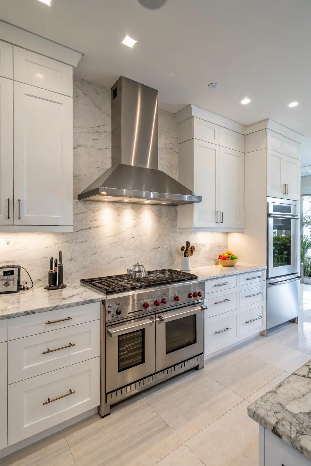 Sleek and modern polished metal range hood for a contemporary kitchen setting.