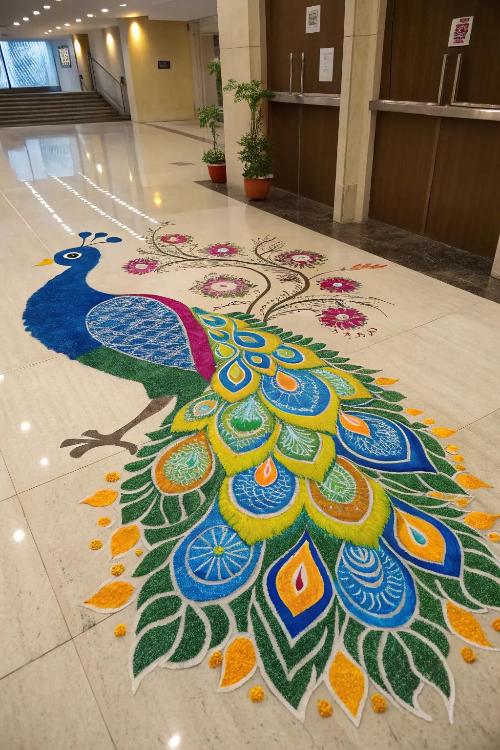 The splendid avian image becomes the focal point of this spectacular rangoli.