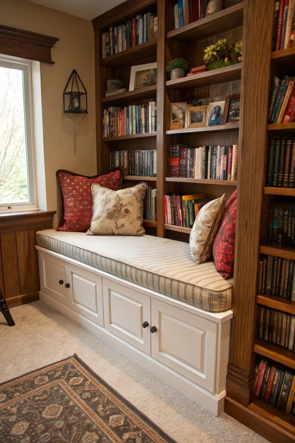 A book nook featuring storage for keeping your books.