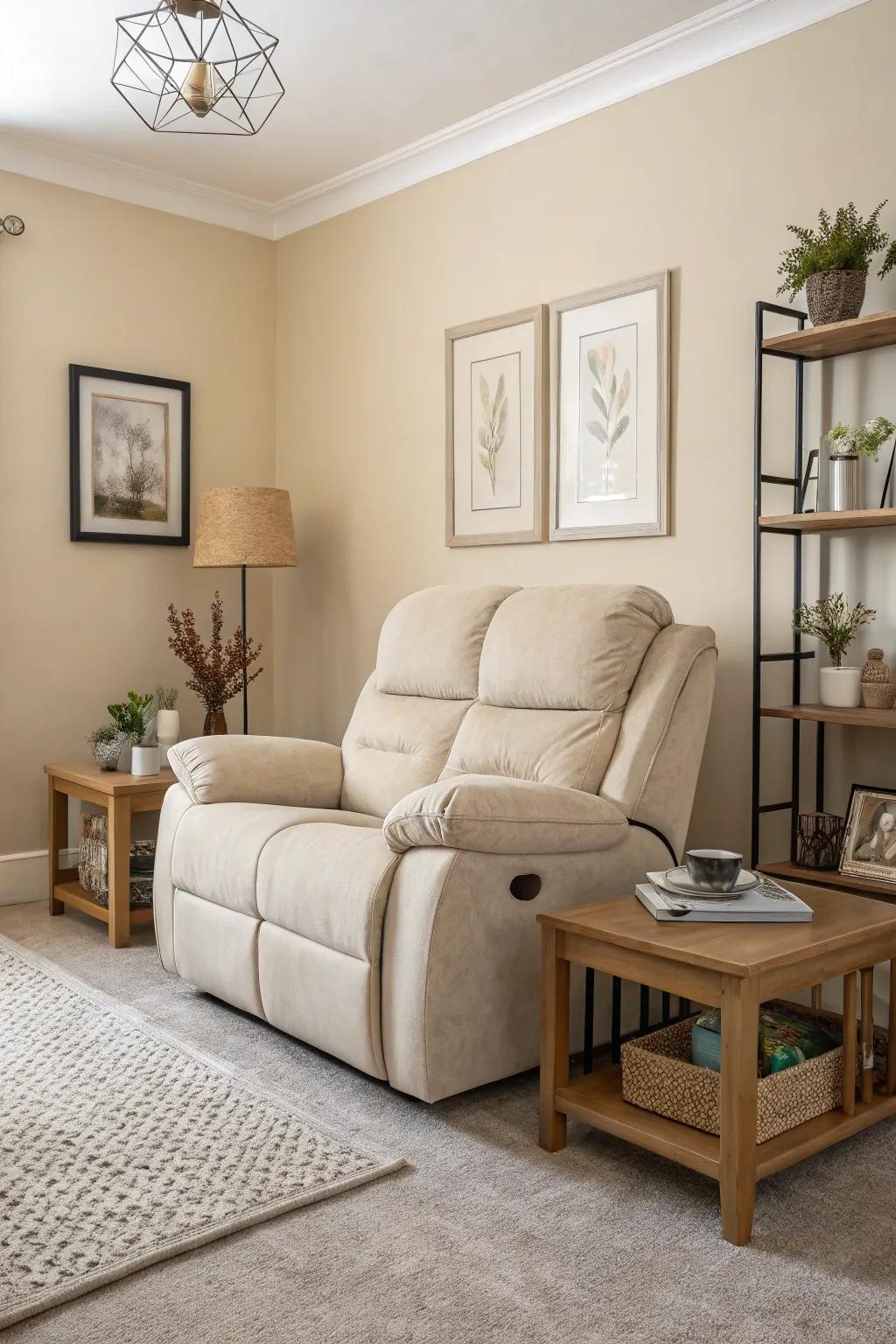 A peaceful living room featuring a neutral reclining sofa that harmonizes beautifully with the surrounding d&eacute;cor.