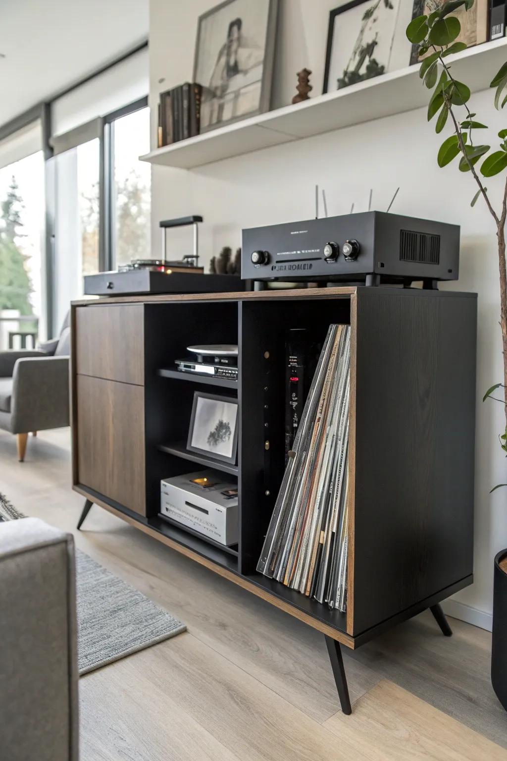 Integrated storage solutions ensure your vinyl is neatly arranged and easily accessible.