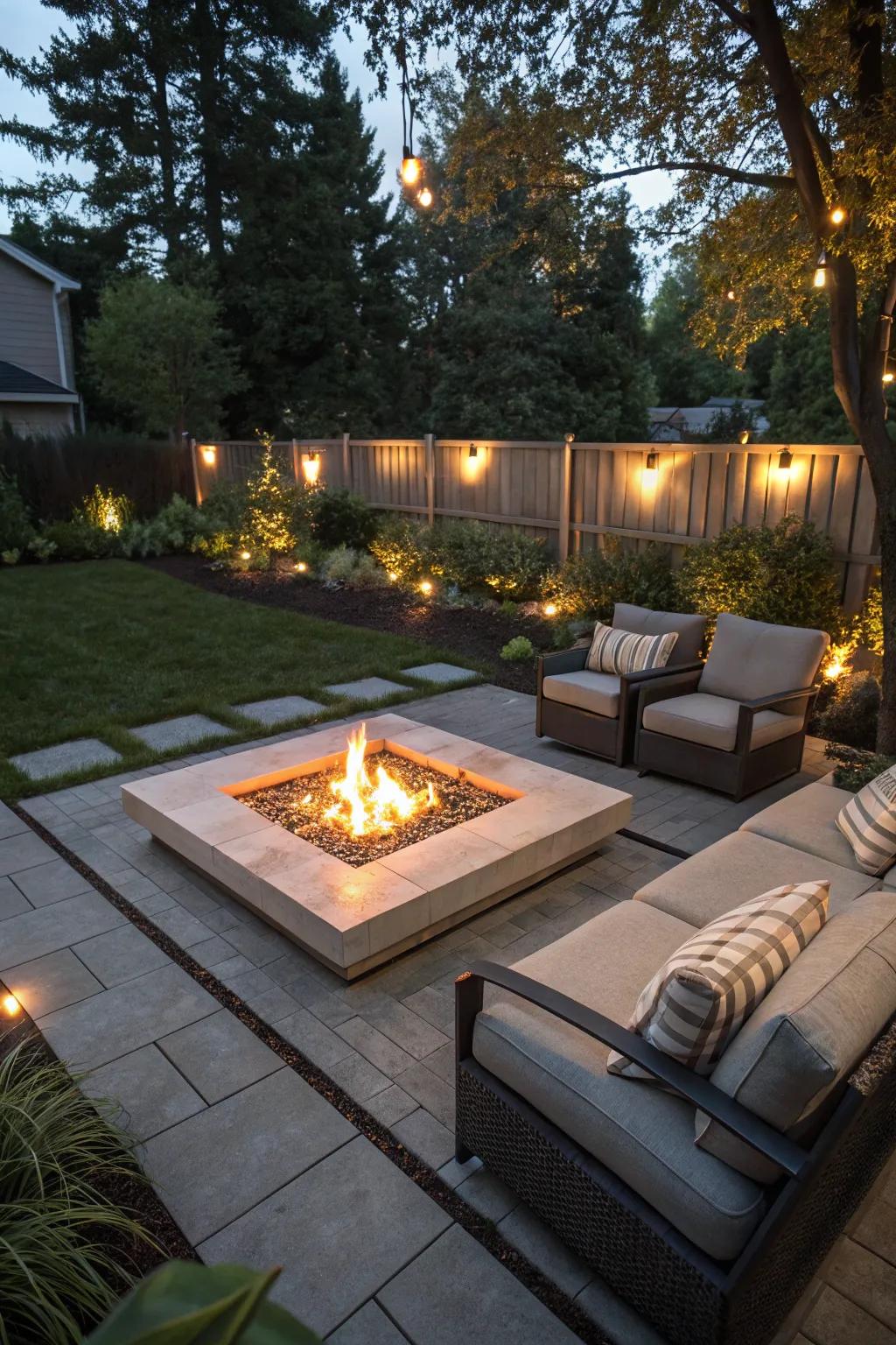 A centralized bonfire pit, enticing warmth and dialogue.