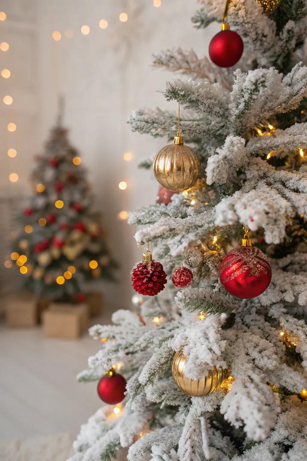 A snowy Christmas tree with red and gold decorations for a winter wonderland effect.