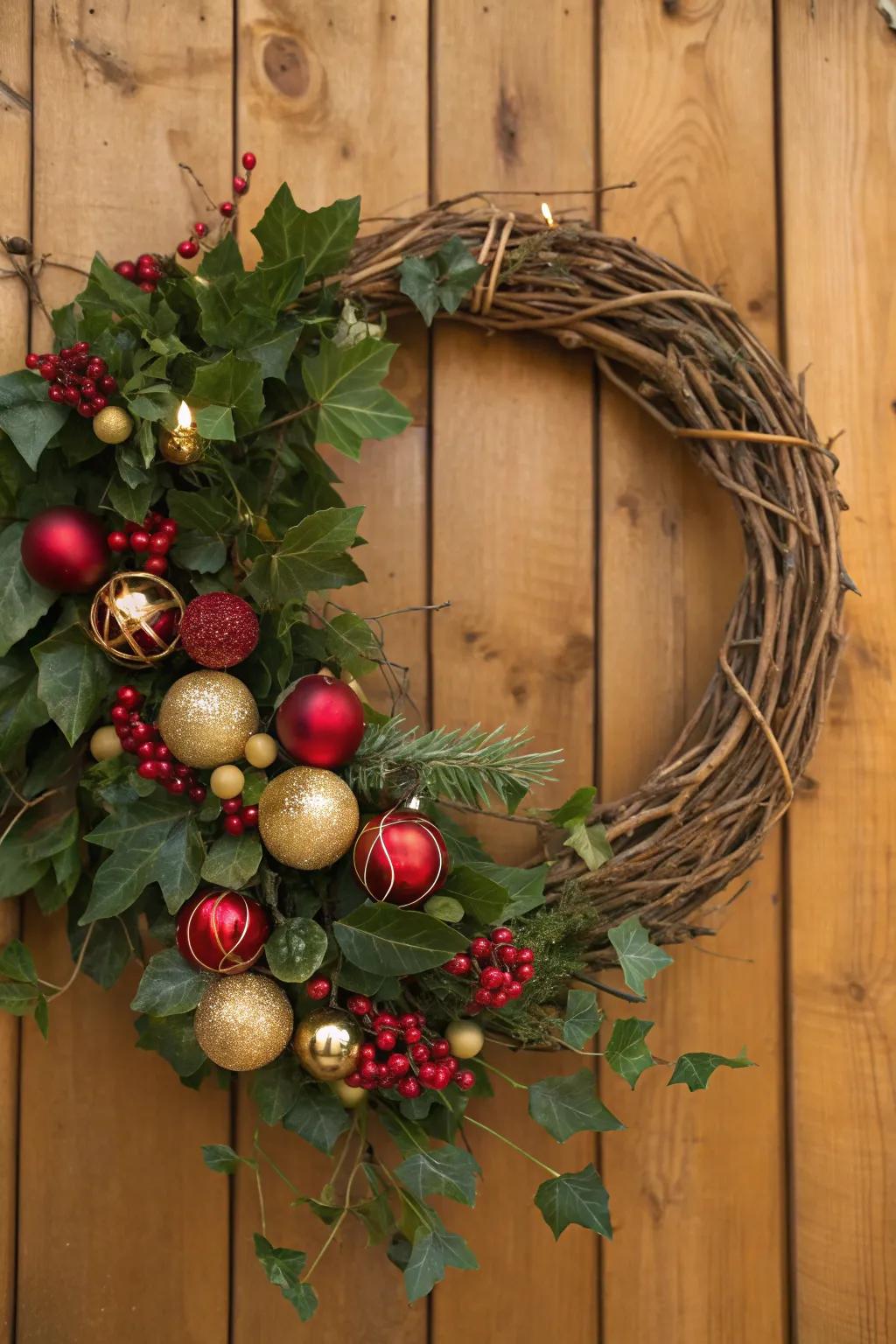 Countryside allure with twining vines and festive ornaments.