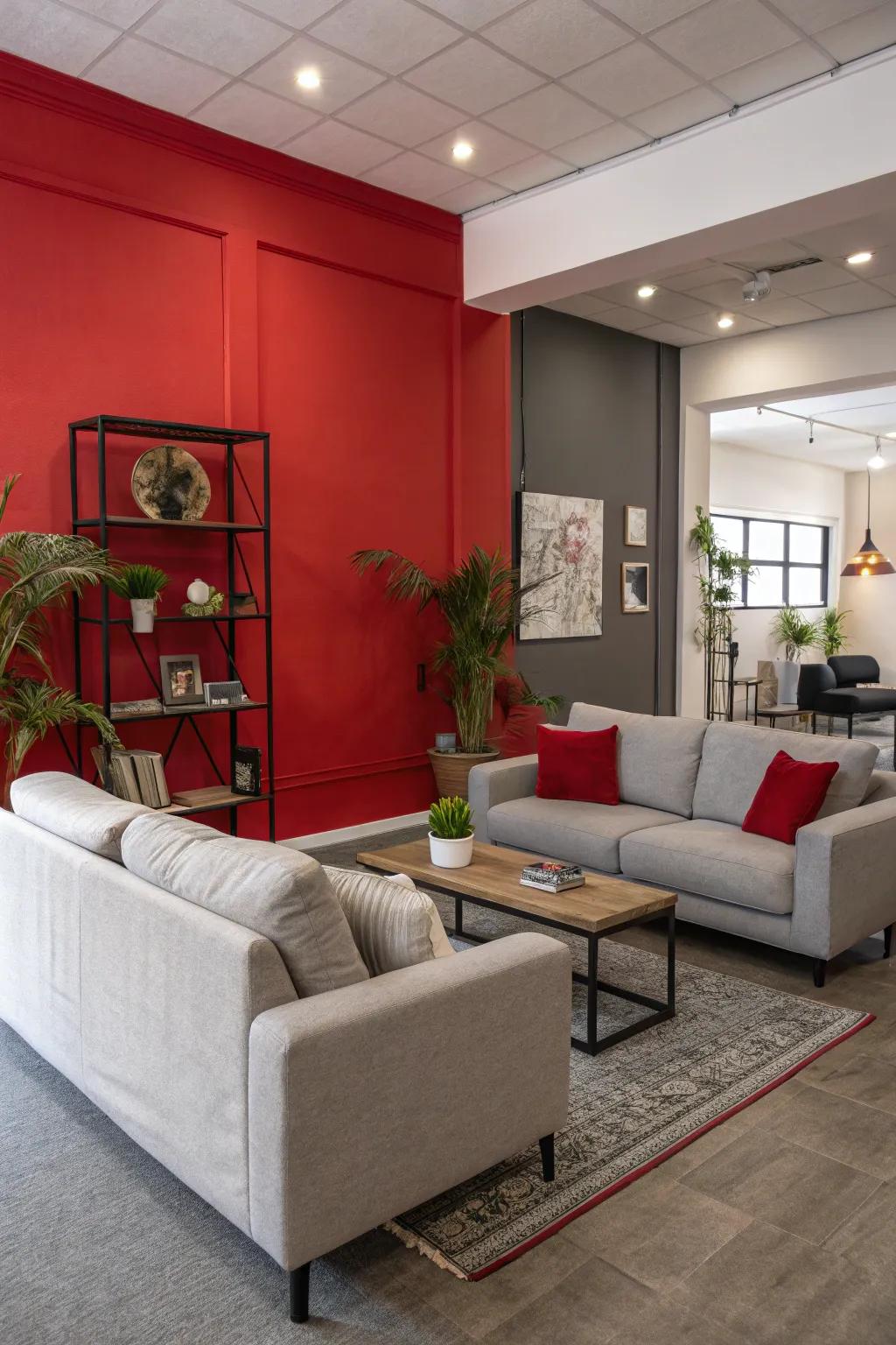A striking red accent wall beautifully complements the grey decor.