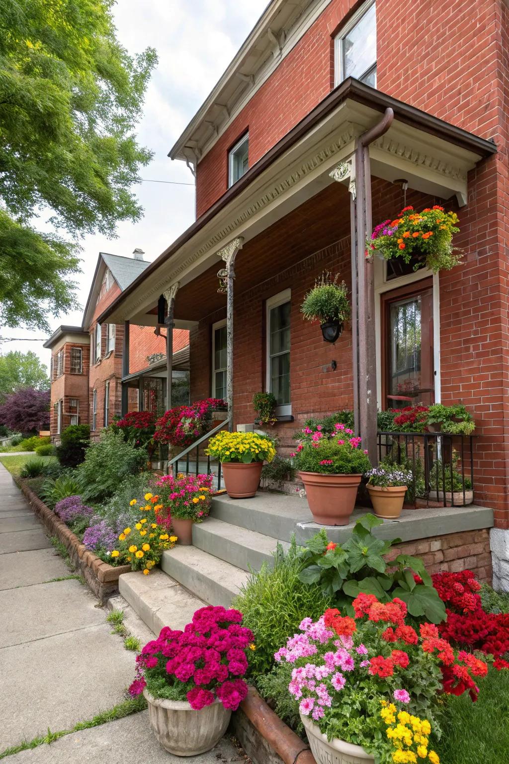 A vibrant display of potted plants enhances the charm of a red brick porch.