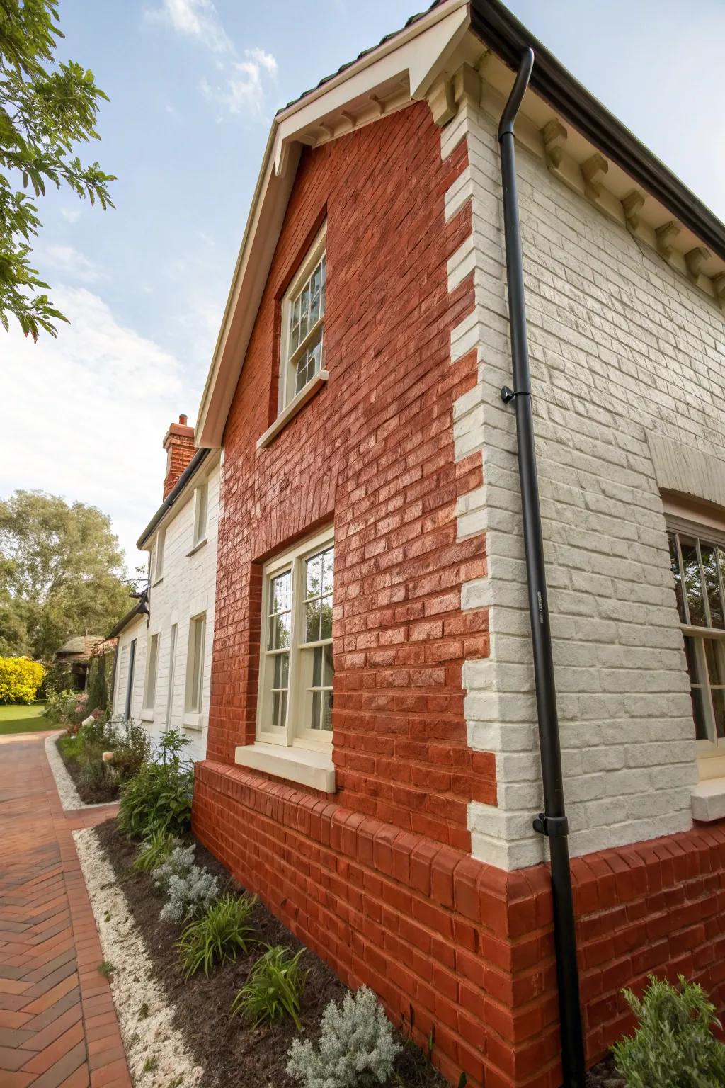 A red brick house treated with limewash, displaying subtle shifts in texture and color.