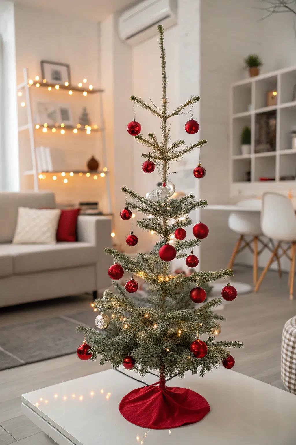 Minimalist red-themed Christmas tree in a contemporary space