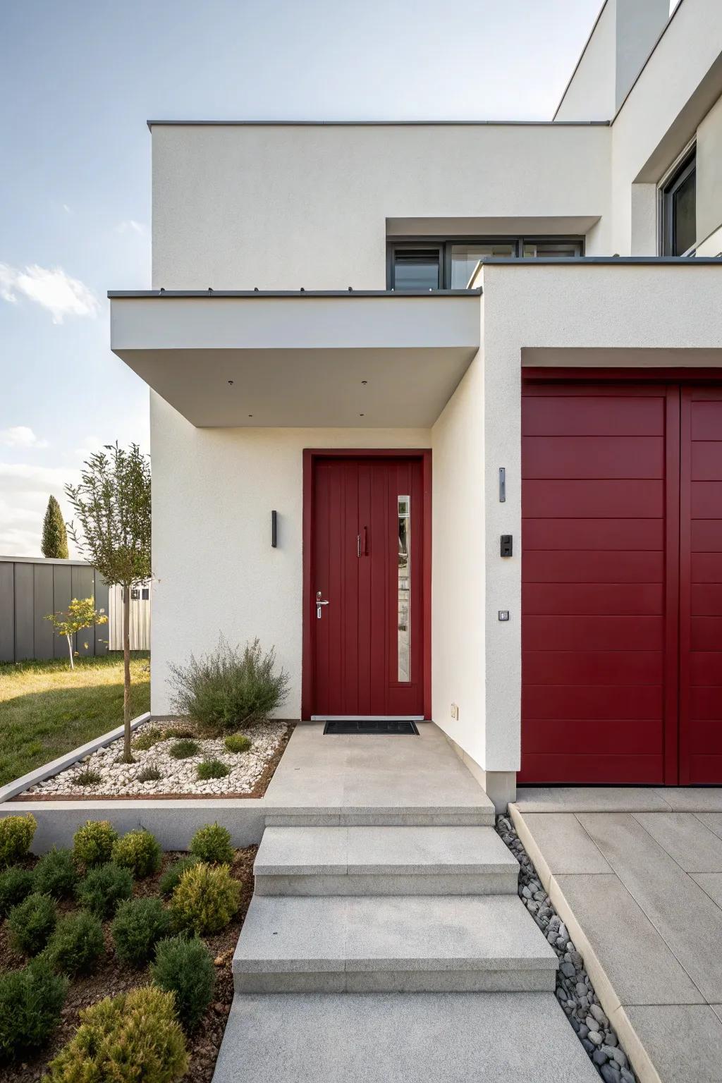 A modern house featuring a dark crimson door, harmonizing warmth and simplicity.