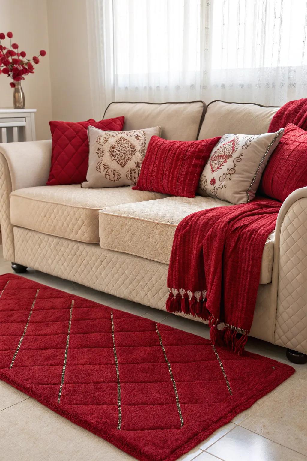 An inviting seating area ornamented with crimson accent décor for a cozy sensation.