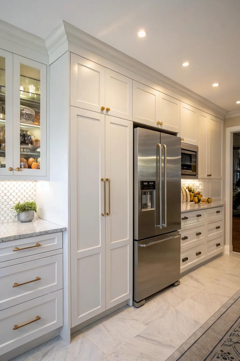 Customized cabinetry fits perfectly around the refrigerator for a polished and practical kitchen space.
