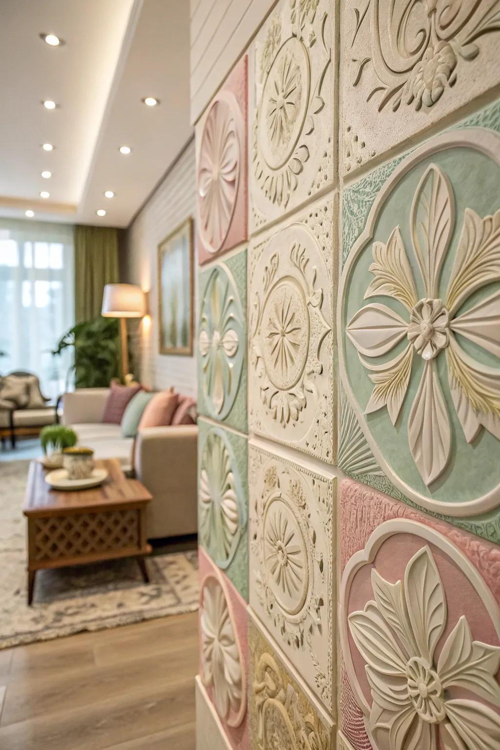 Pastel floral sculpted tiles create an ethereal living space.