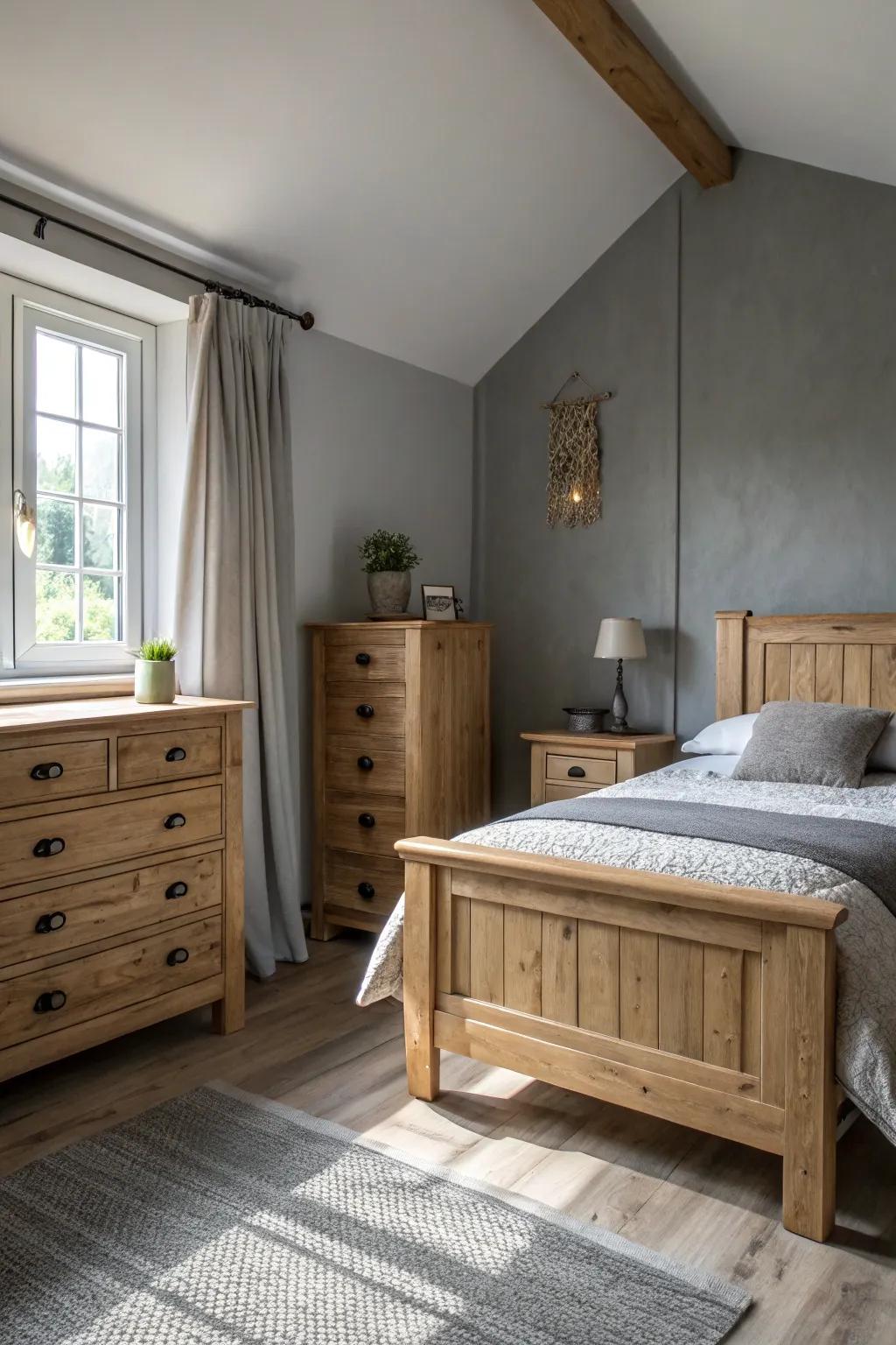 Pale timber furniture creates an eye-pleasing juxtaposition against serenity shade walls.