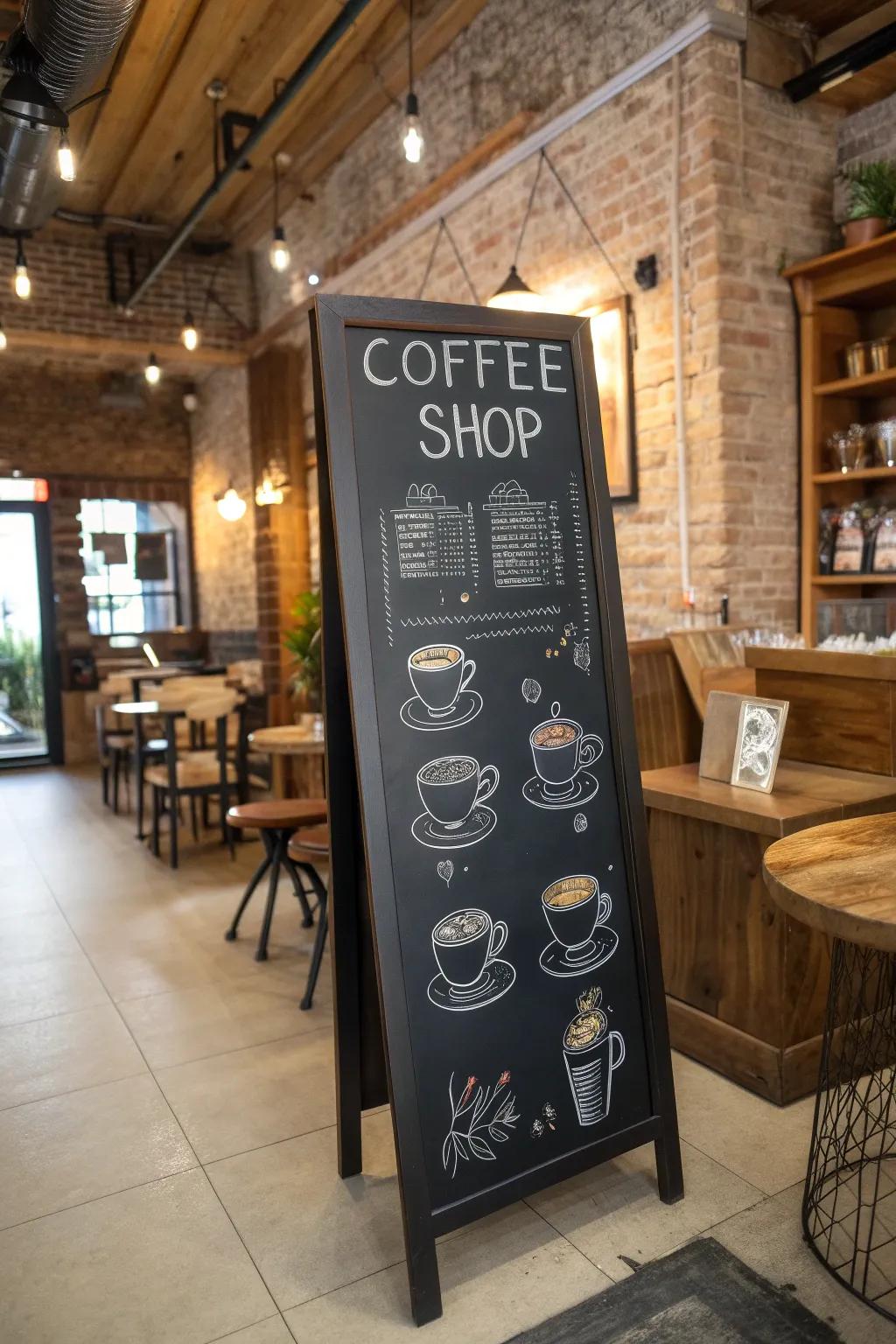 A charming coffee-themed chalkboard with artistic illustrations of cups and coffee options.
